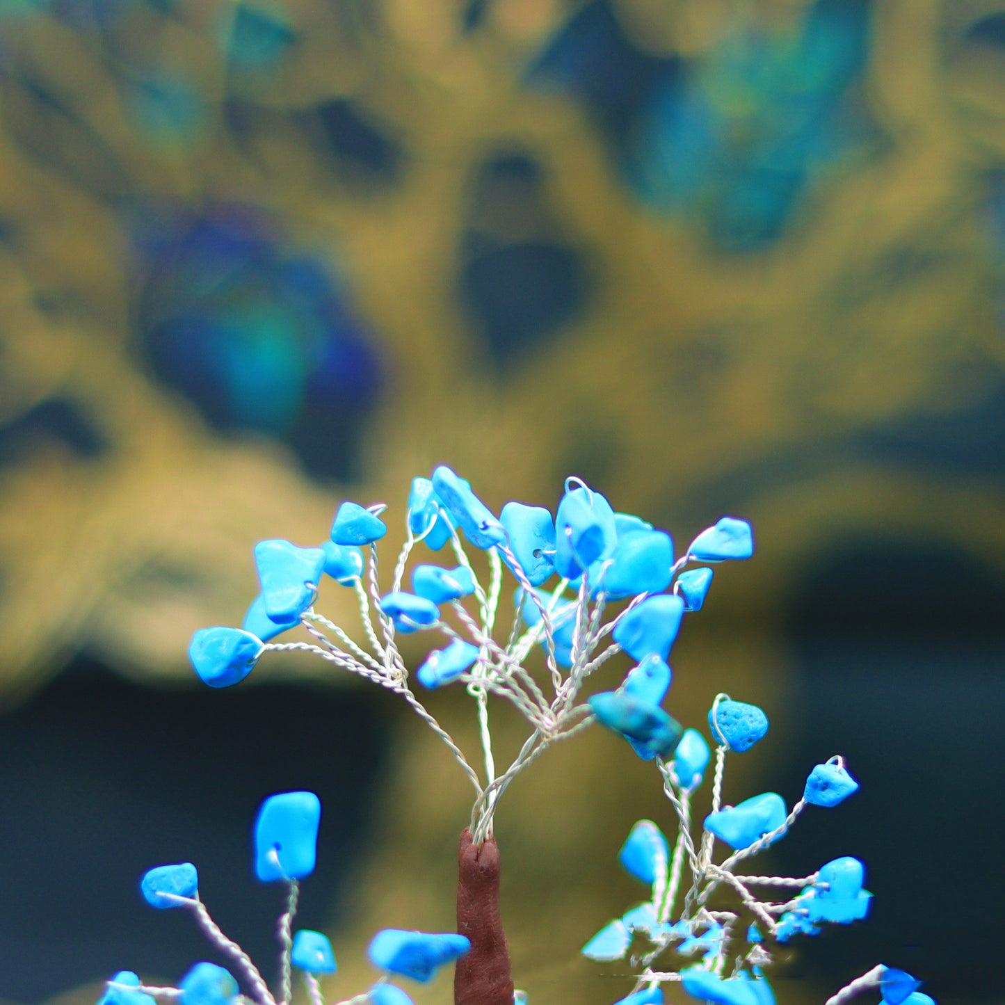 Blue Turquoise Fortune Tree Of Life with Wood Base