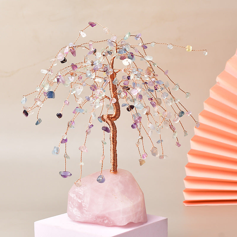 Natural Crystal Willow Fortune Tree Of Life On Rose Quartz Base