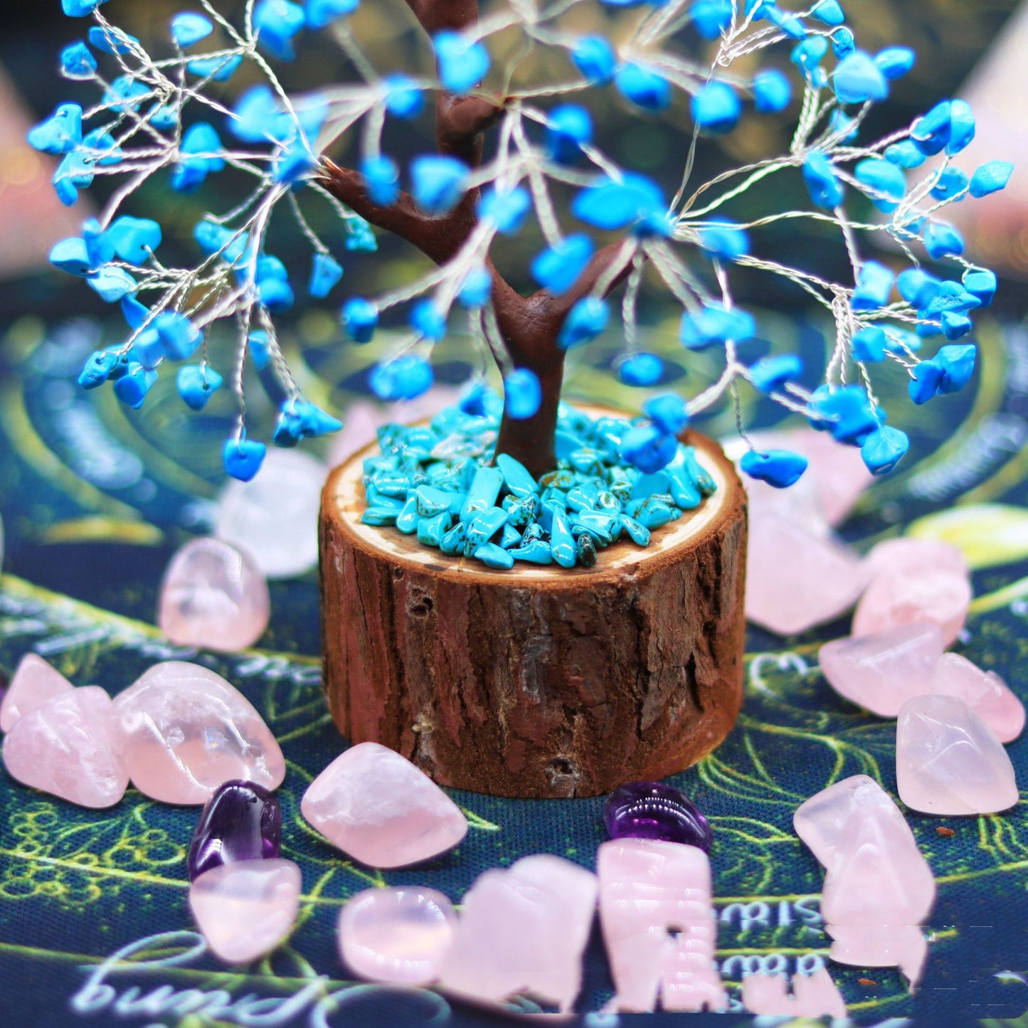 Blue Turquoise Fortune Tree Of Life with Wood Base
