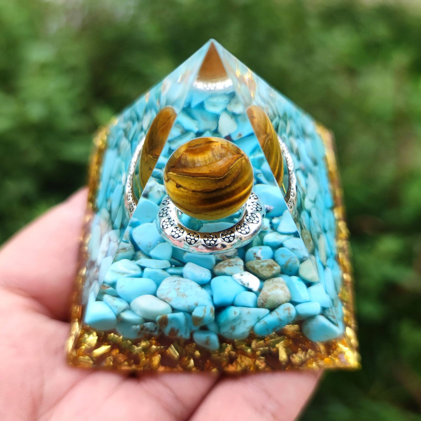 Blue Howlite Orgone Pyramid with Tiger Eye Sphere (5cm or 6cm)