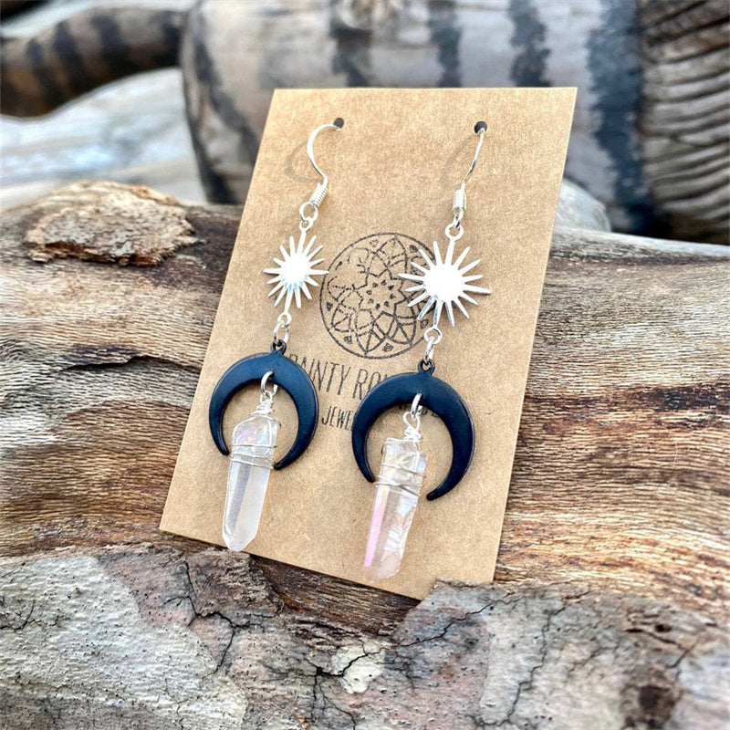 Clear Quartz Sun and Moon Boho Earrings