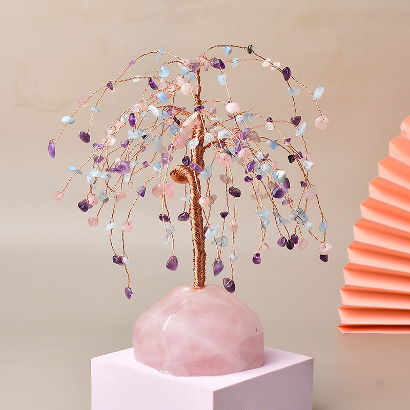 Natural Crystal Willow Fortune Tree Of Life On Rose Quartz Base