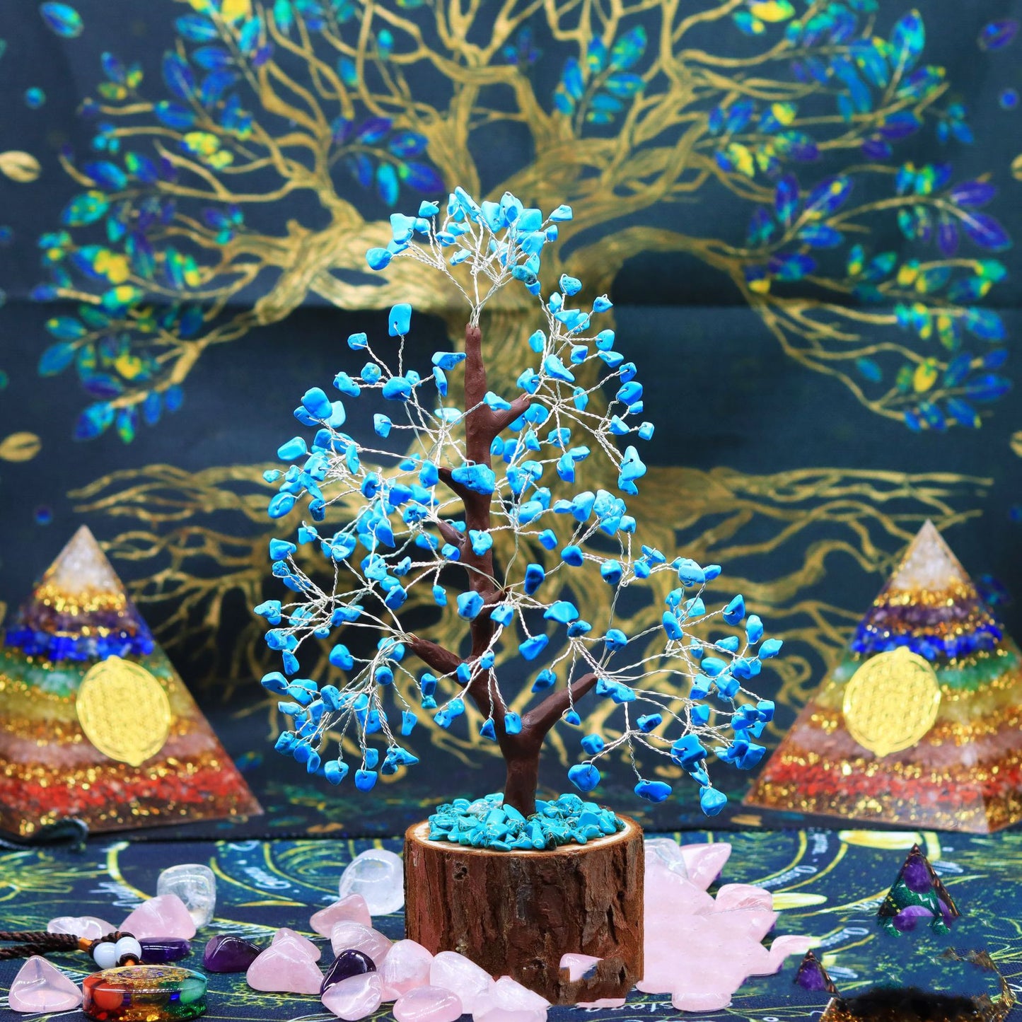 Blue Turquoise Fortune Tree Of Life with Wood Base