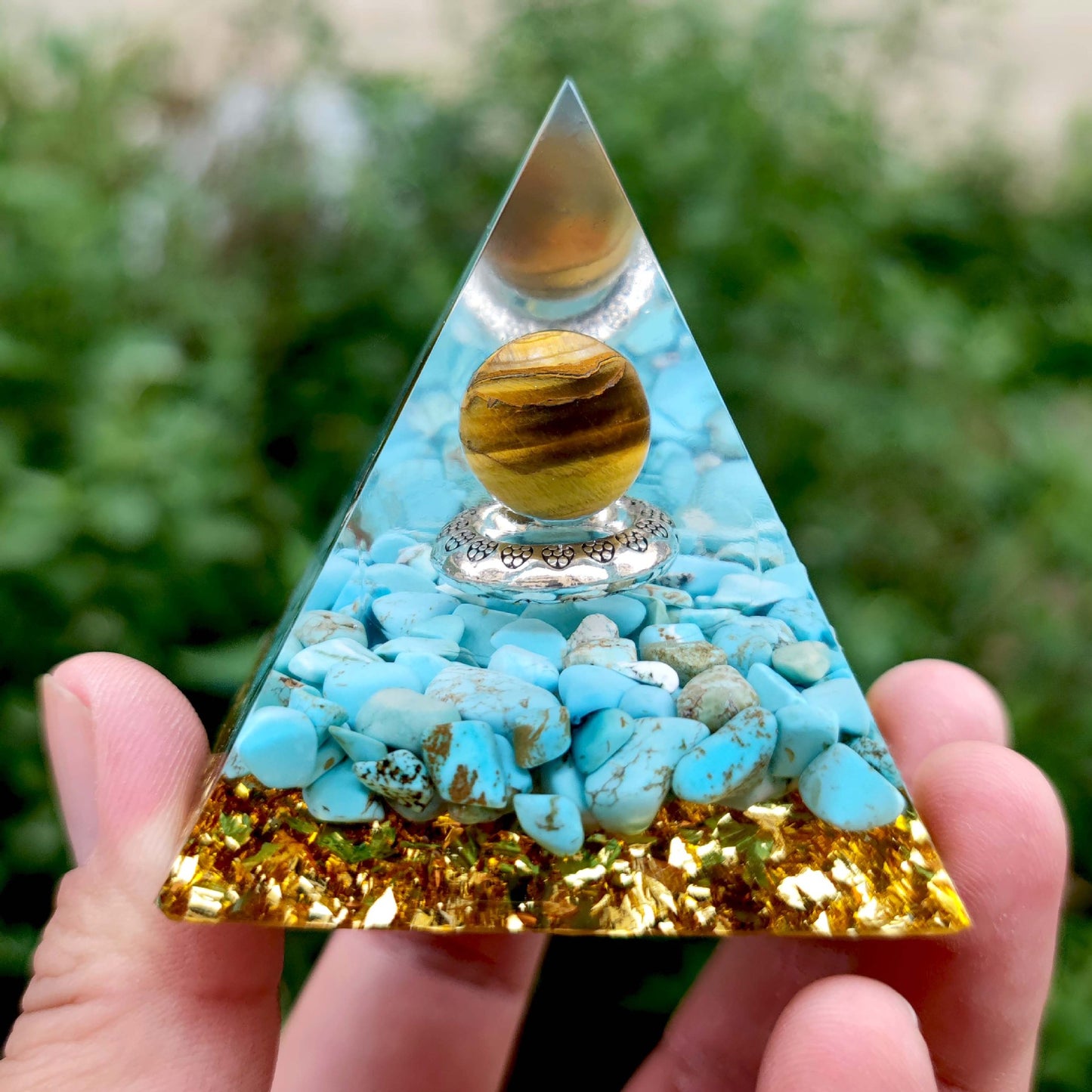 Blue Howlite Orgone Pyramid with Tiger Eye Sphere (5cm or 6cm)