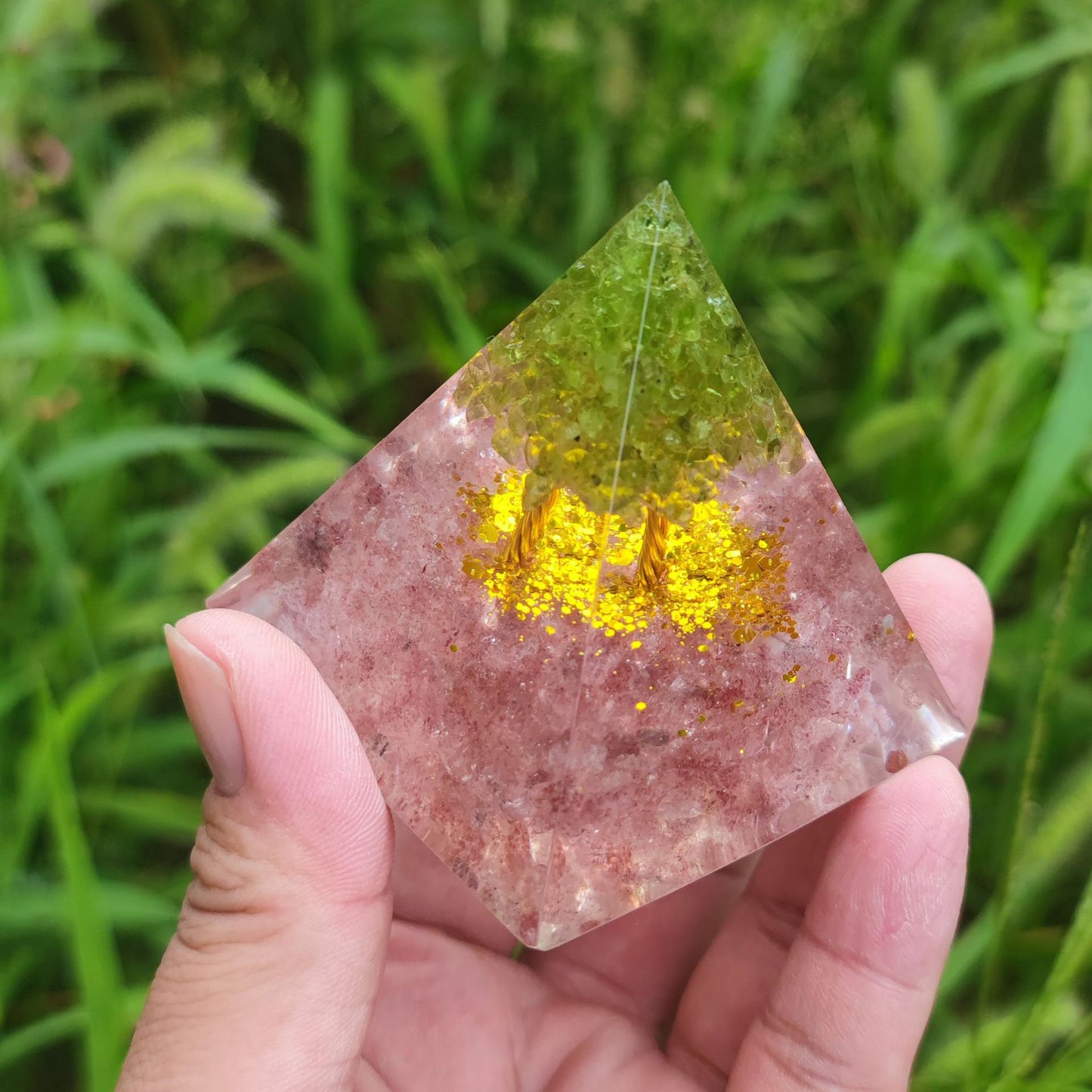 Rose Quartz and Peridot Tree Of Life Orgone Pyramid