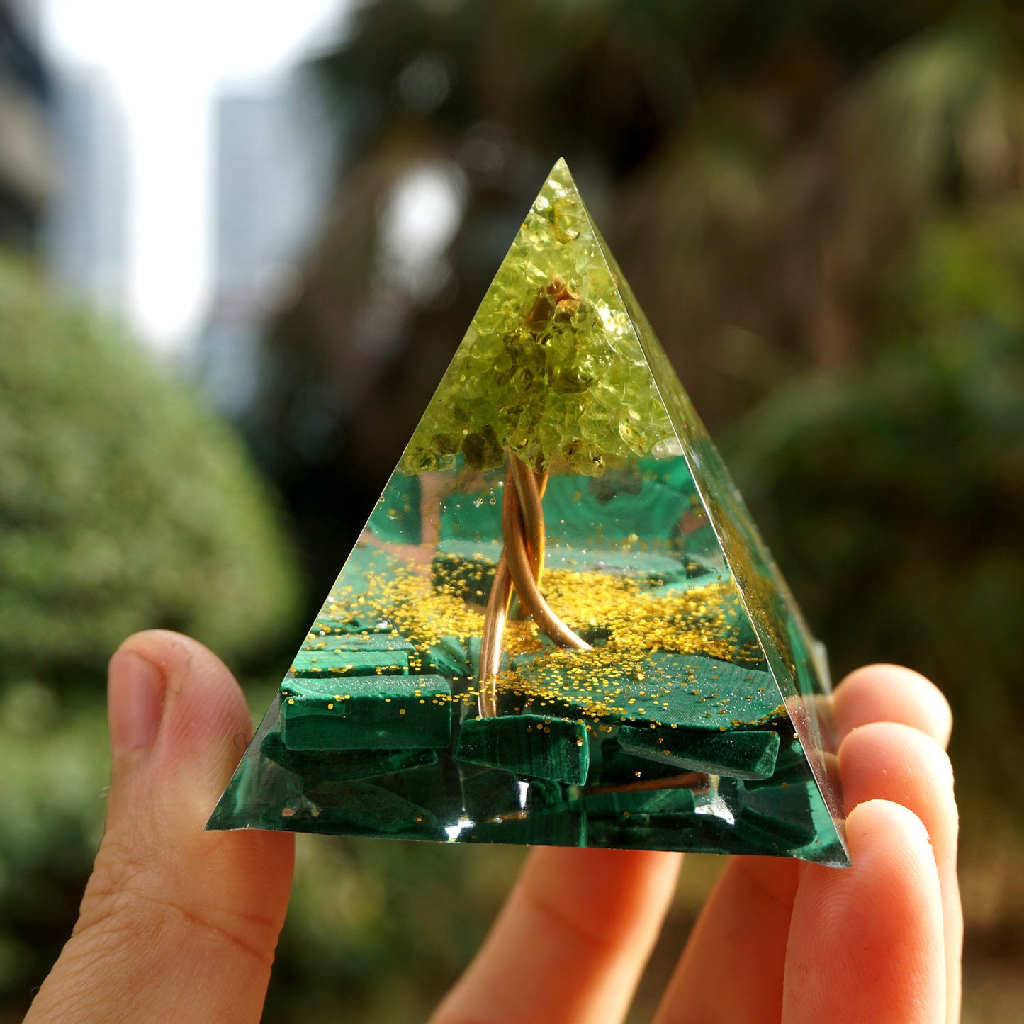 Green Malachite and Peridot Tree Of Life Orgone Pyramid - 5cm