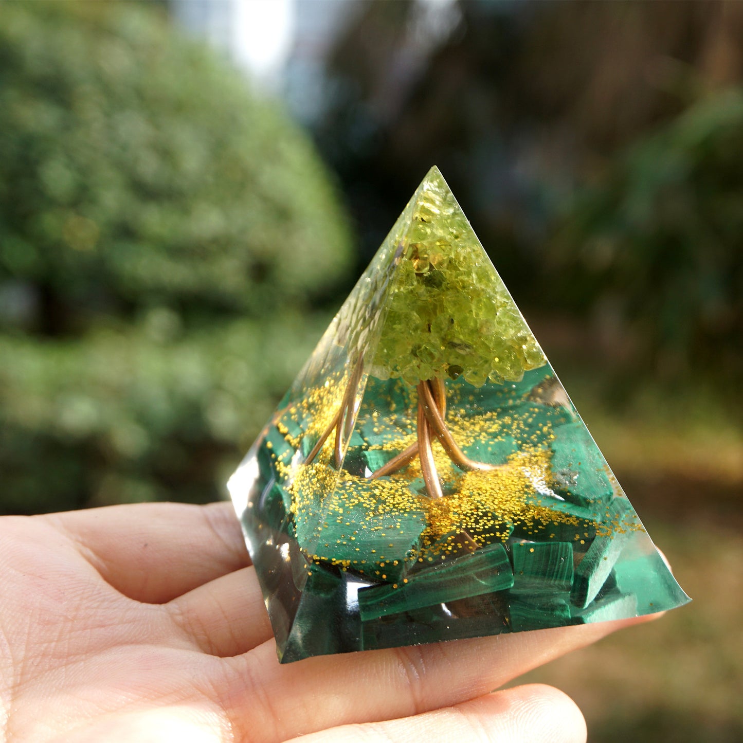 Green Malachite and Peridot Tree Of Life Orgone Pyramid - 5cm