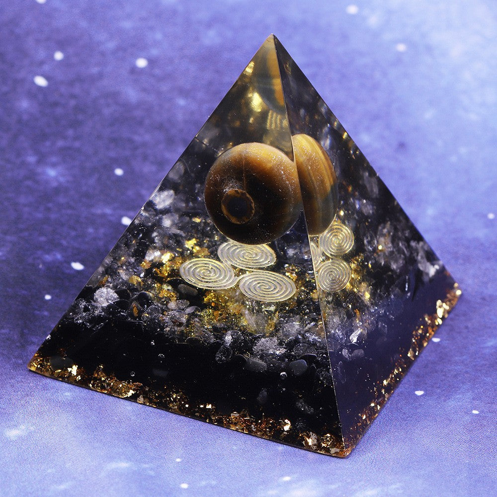 Obsidian and Clear Quartz with Tiger Eye Sphere Orgone Pyramid