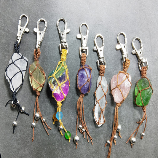 Natural Crystal Rough Stone Woven Keychain