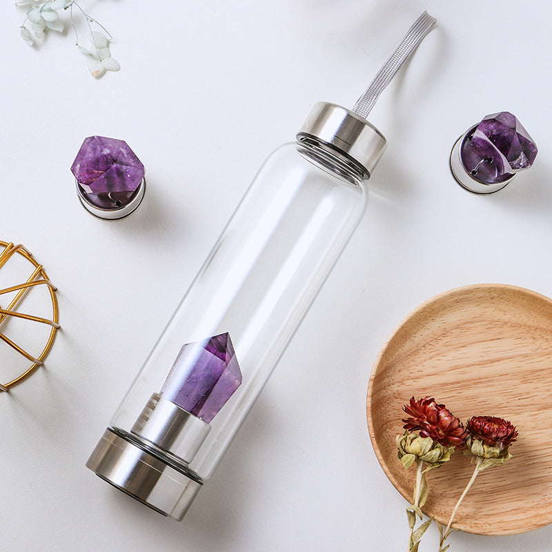 Natural Amethyst Column Energy Glass Water Bottle