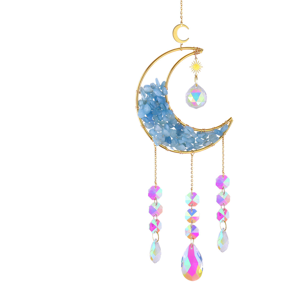 Crescent Moon Gravel Crystal Hanging Pendant