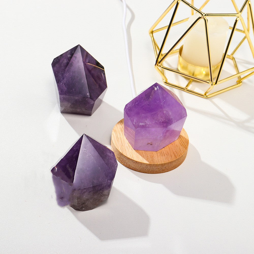 Amethyst LED Nightlight Lamp on Wooden Base