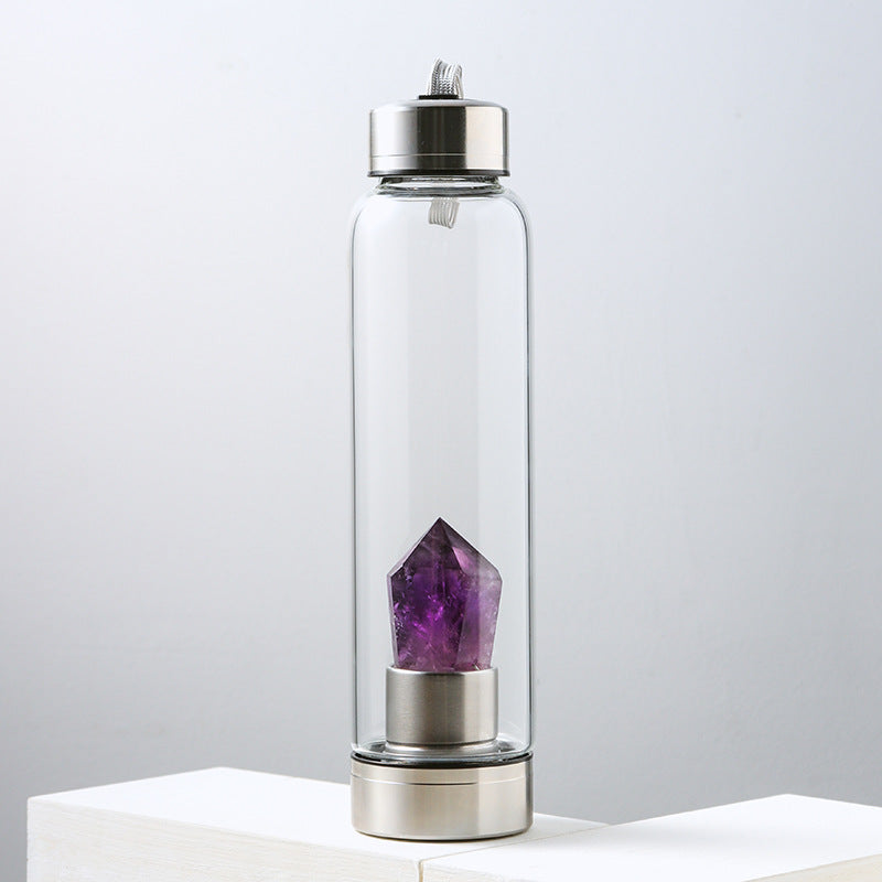 Natural Amethyst Column Energy Glass Water Bottle