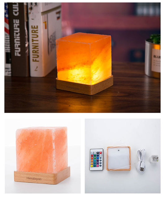 LED Square Wooden Base Himalayan Salt Lamp