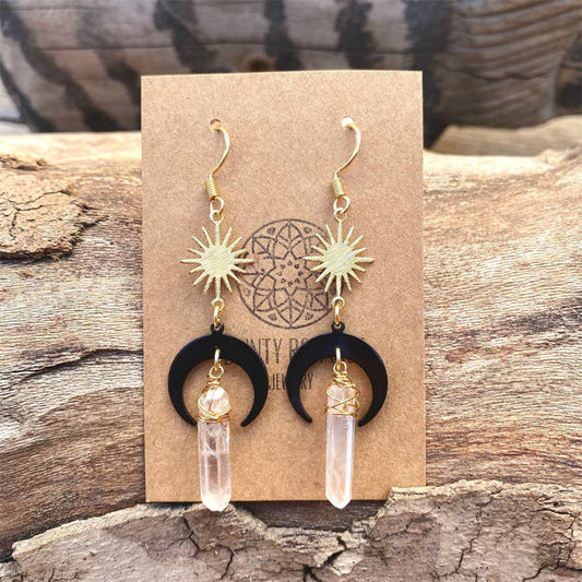 Clear Quartz Sun and Moon Boho Earrings