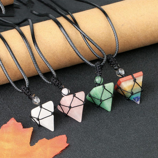 Woven Natural Crystal Pyramid Pendant Necklace