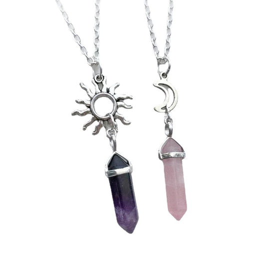 Natural Crystal Hexagon Pillar Sun and Moon Necklace