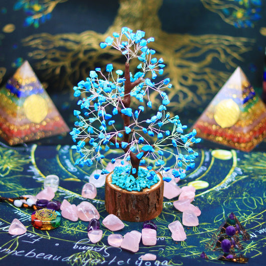 Blue Turquoise Fortune Tree Of Life with Wood Base