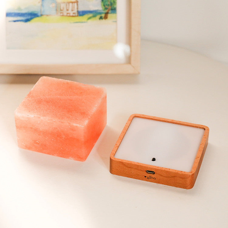 LED Square Wooden Base Himalayan Salt Lamp