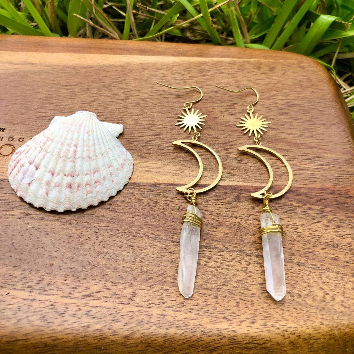 Sun and Moon Clear Quartz Earrings