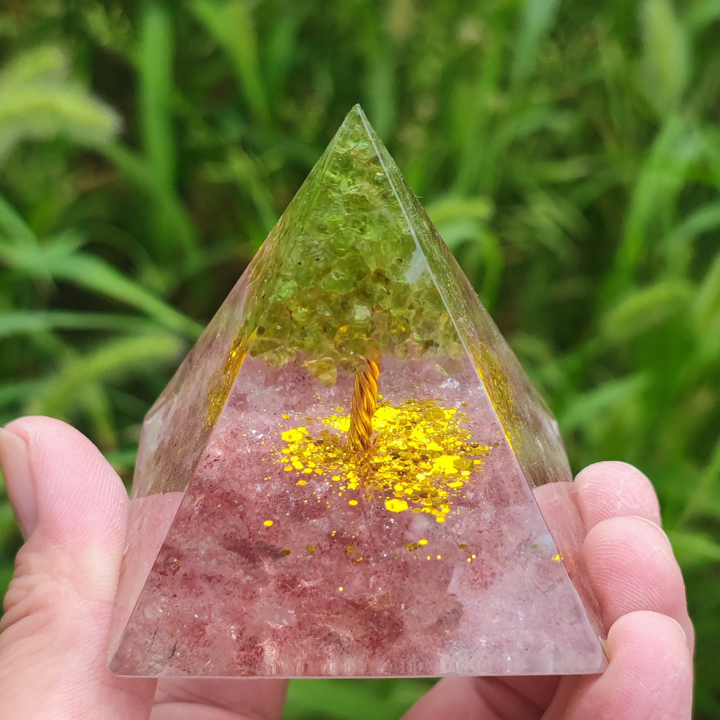 Rose Quartz and Peridot Tree Of Life Orgone Pyramid