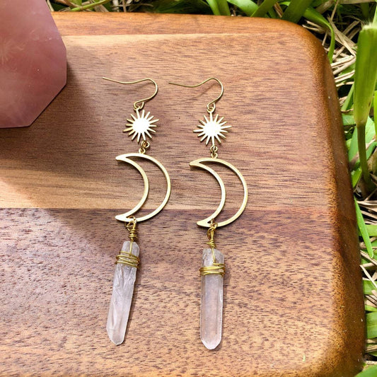 Sun and Moon Clear Quartz Earrings