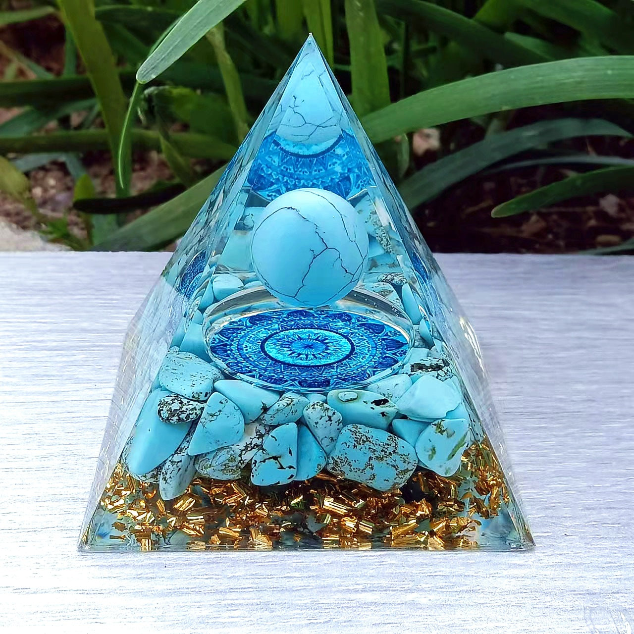 Blue Howlite Crystal Sphere Orgone Pyramid - 6cm