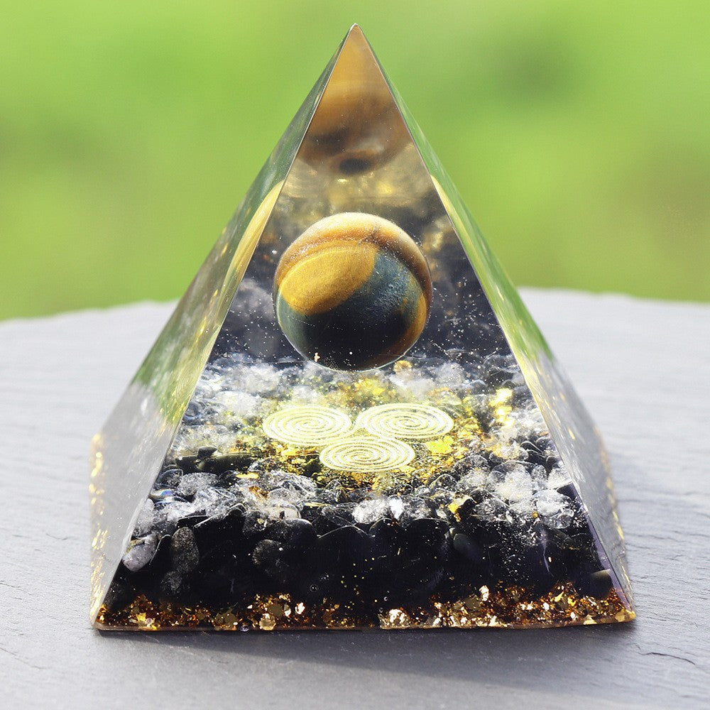 Obsidian and Clear Quartz with Tiger Eye Sphere Orgone Pyramid