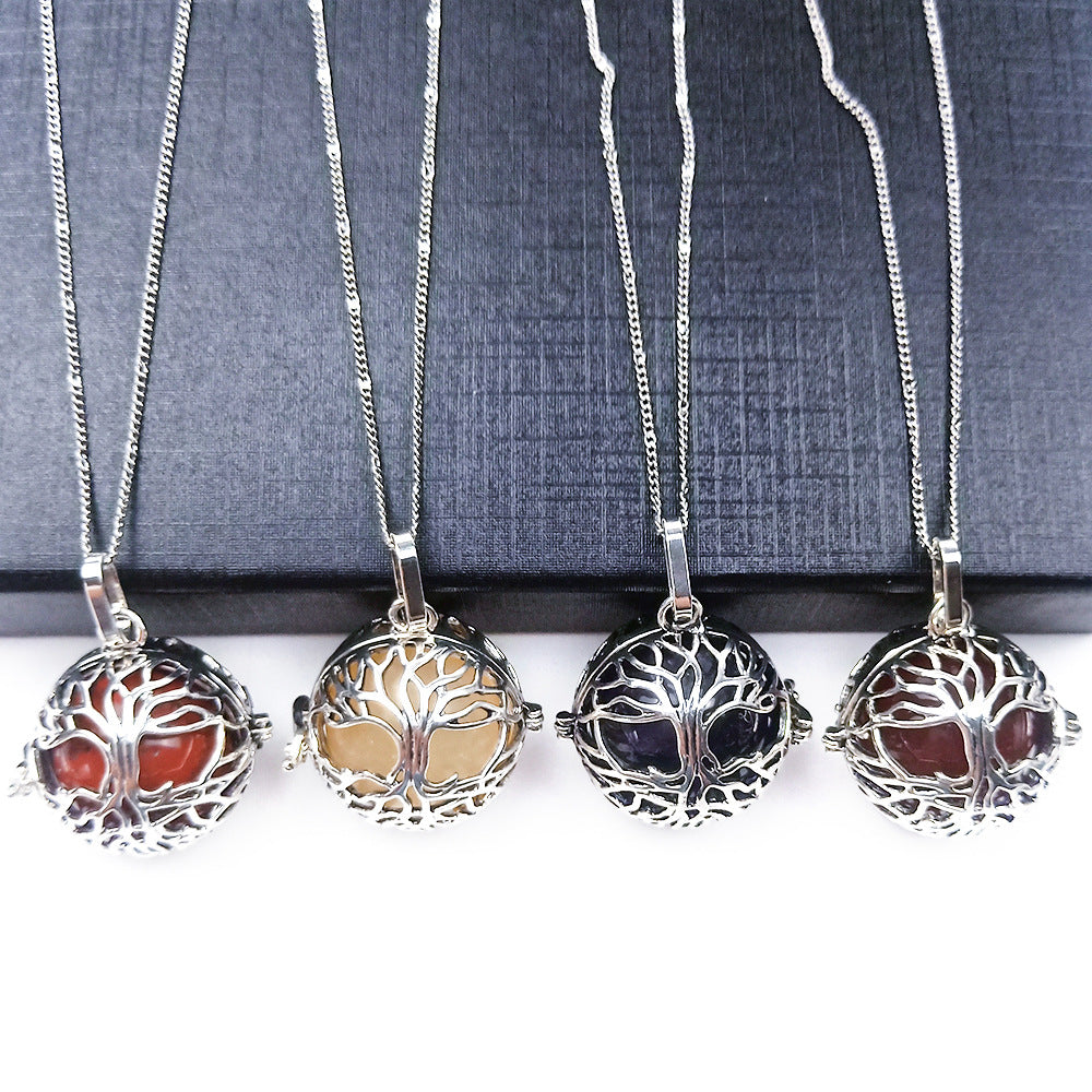 Round Tree Of Life Caged Crystal Pendant