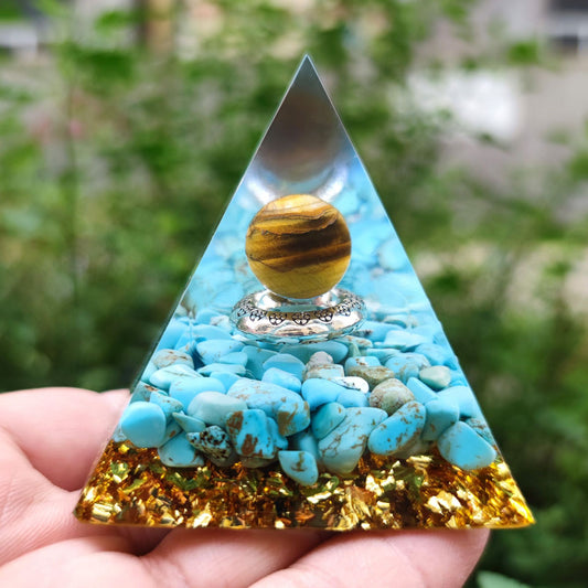 Blue Howlite Orgone Pyramid with Tiger Eye Sphere (5cm or 6cm)