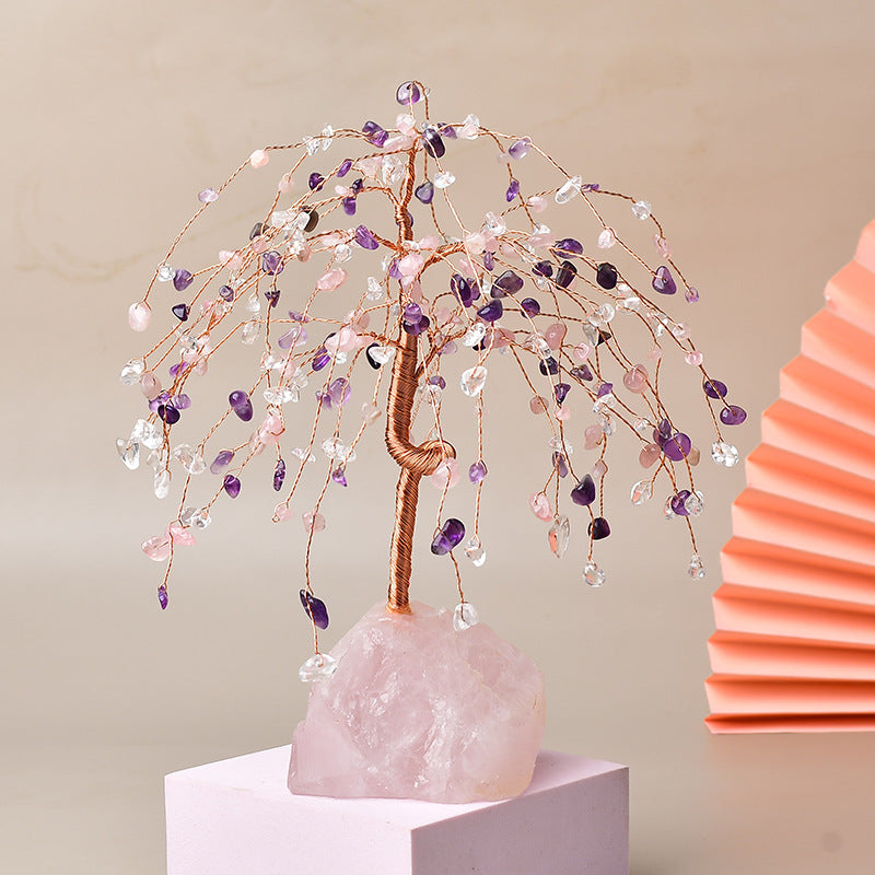 Natural Crystal Willow Fortune Tree Of Life On Rose Quartz Base