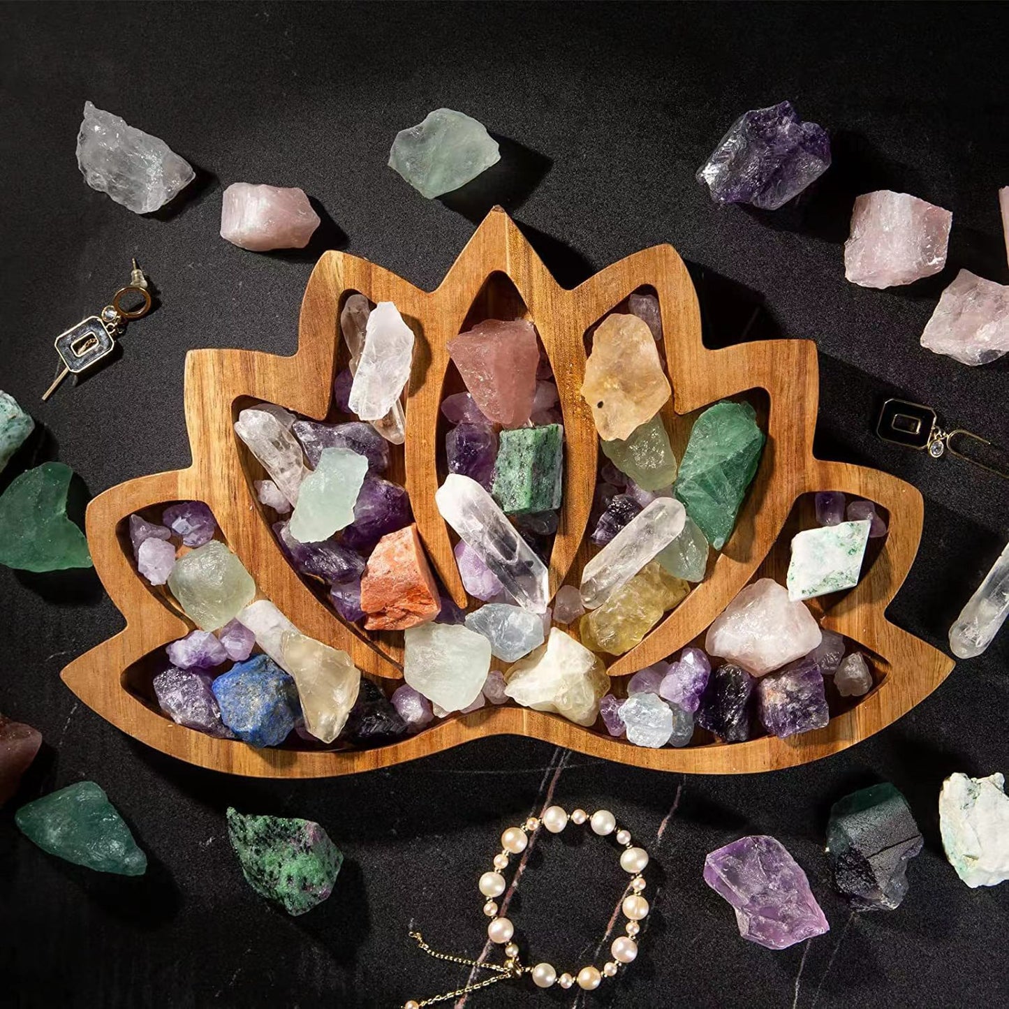 Wooden Lotus Shape Crystal Display Tray