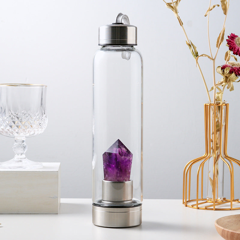 Natural Amethyst Column Energy Glass Water Bottle