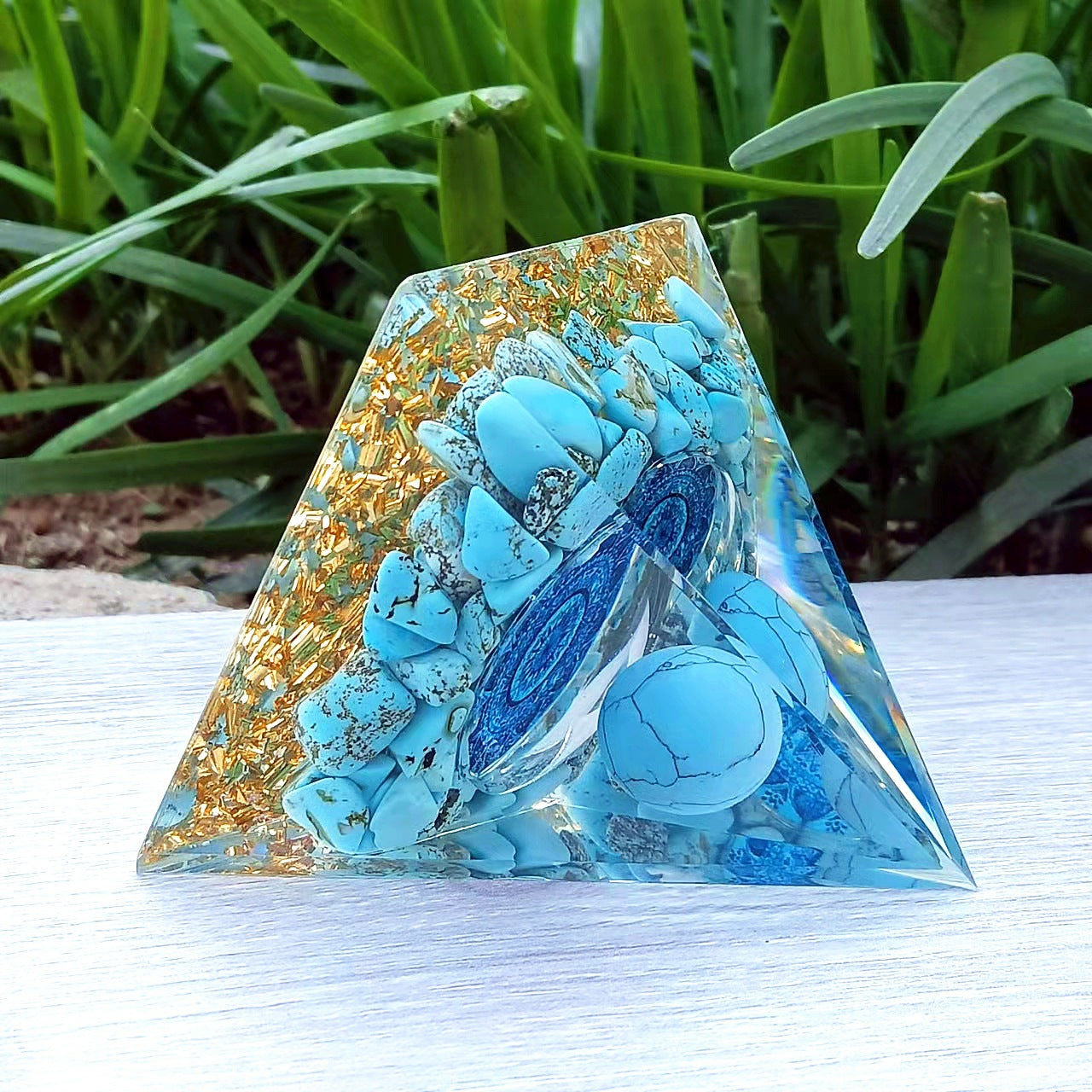 Blue Howlite Crystal Sphere Orgone Pyramid - 6cm