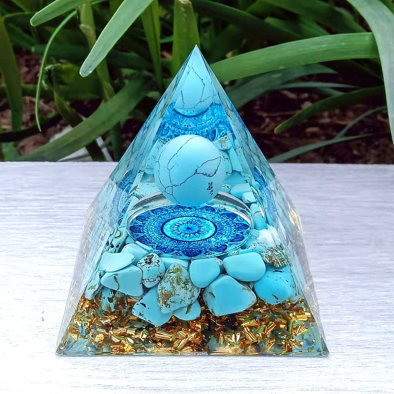 Blue Howlite Crystal Sphere Orgone Pyramid - 6cm