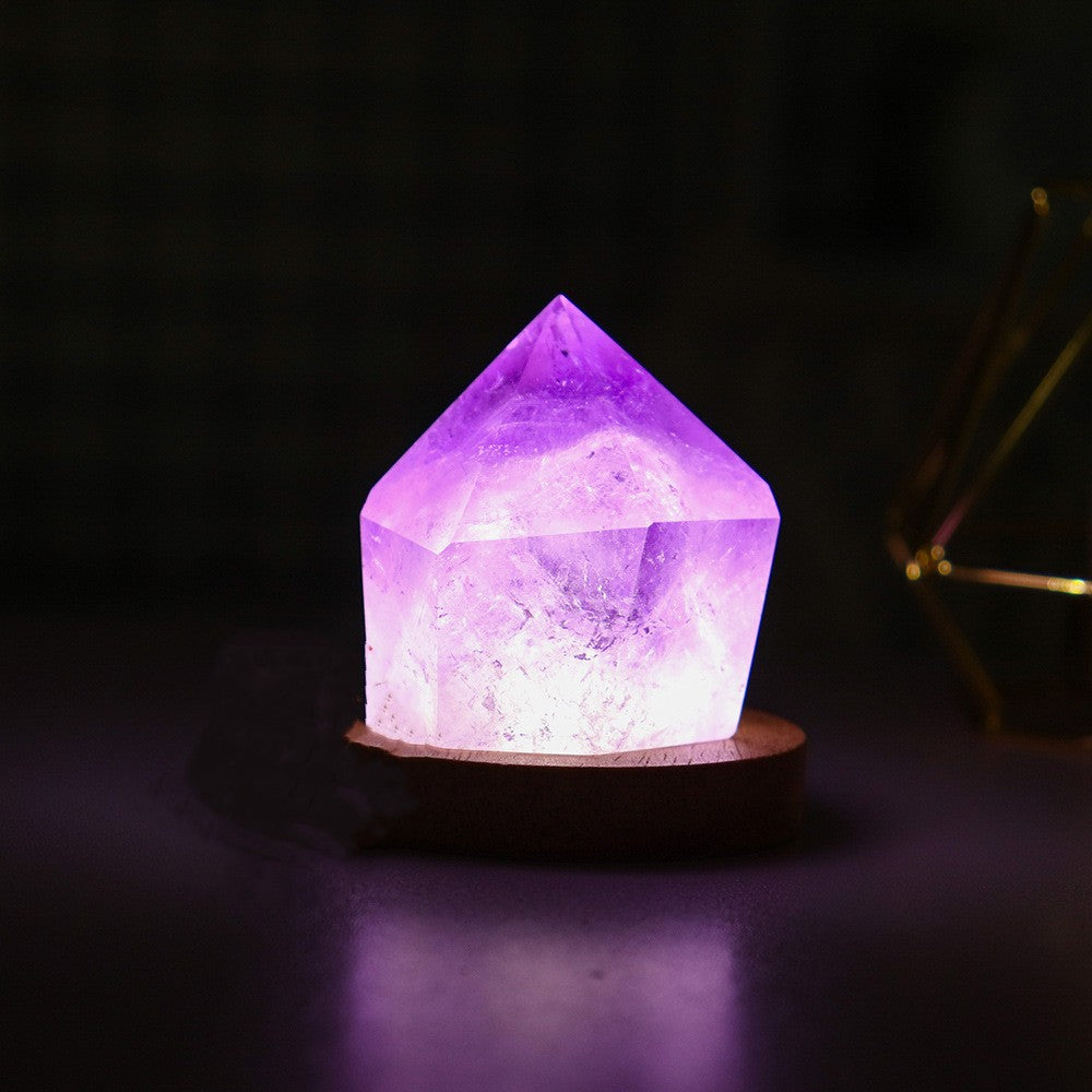 Amethyst LED Nightlight Lamp on Wooden Base